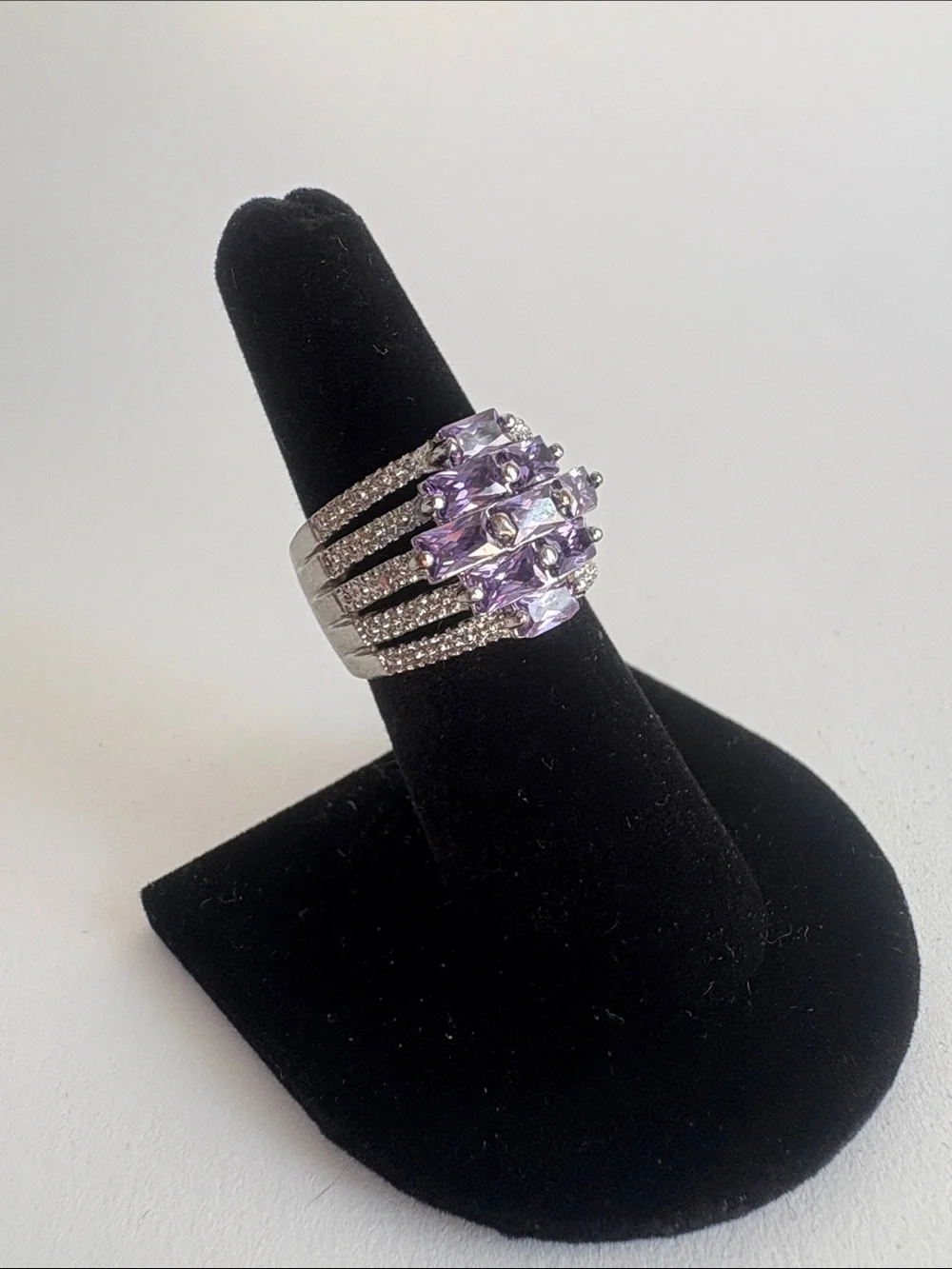 Purple Amethyst Cocktail Ring 9 Baguette Stones Size 7 Silver